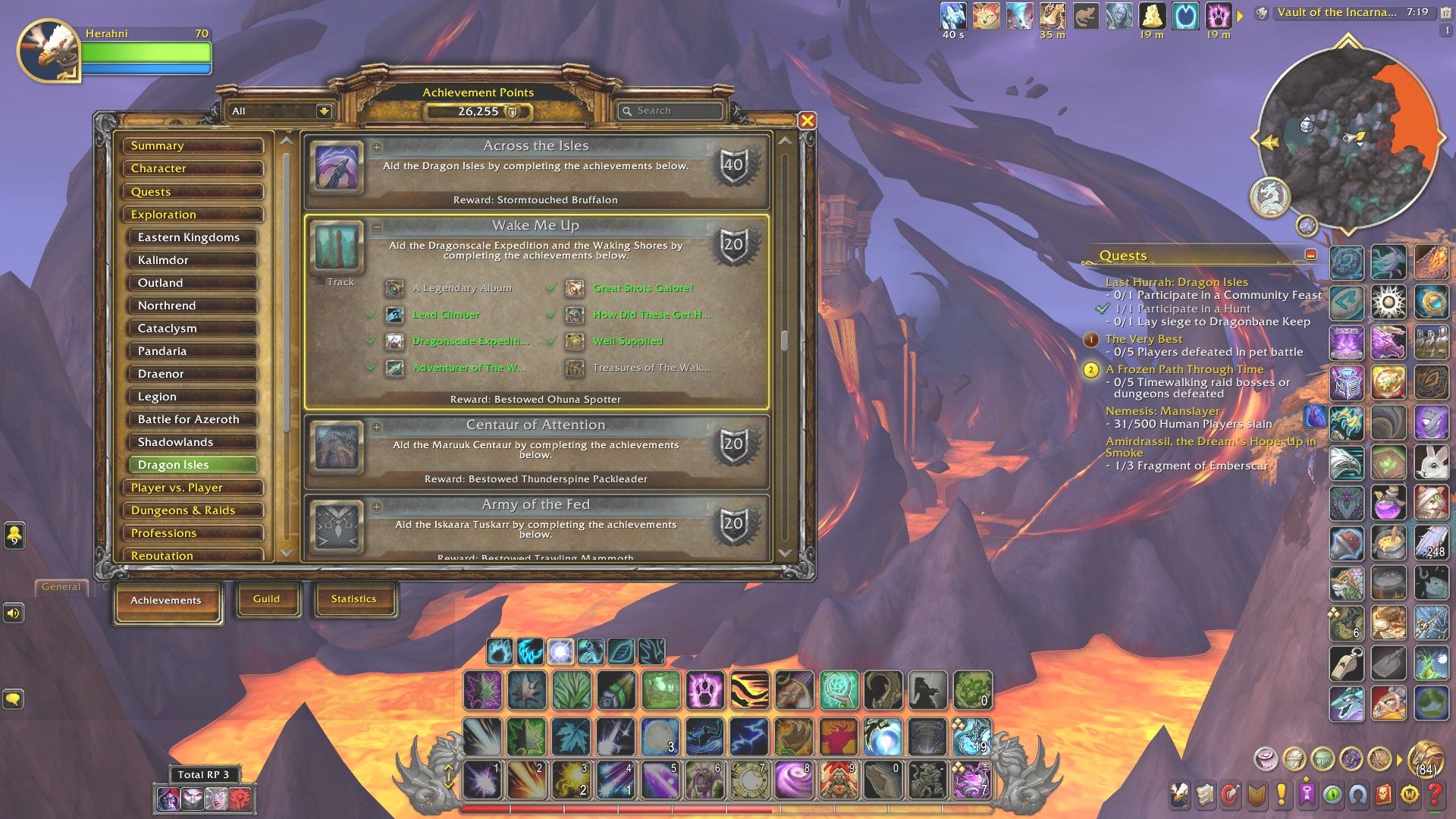el logro Despiértame abierto en la interfaz de logros de World of Warcraft, con la entrada a la bóveda de los encarnados en thaldraszus al fondo
