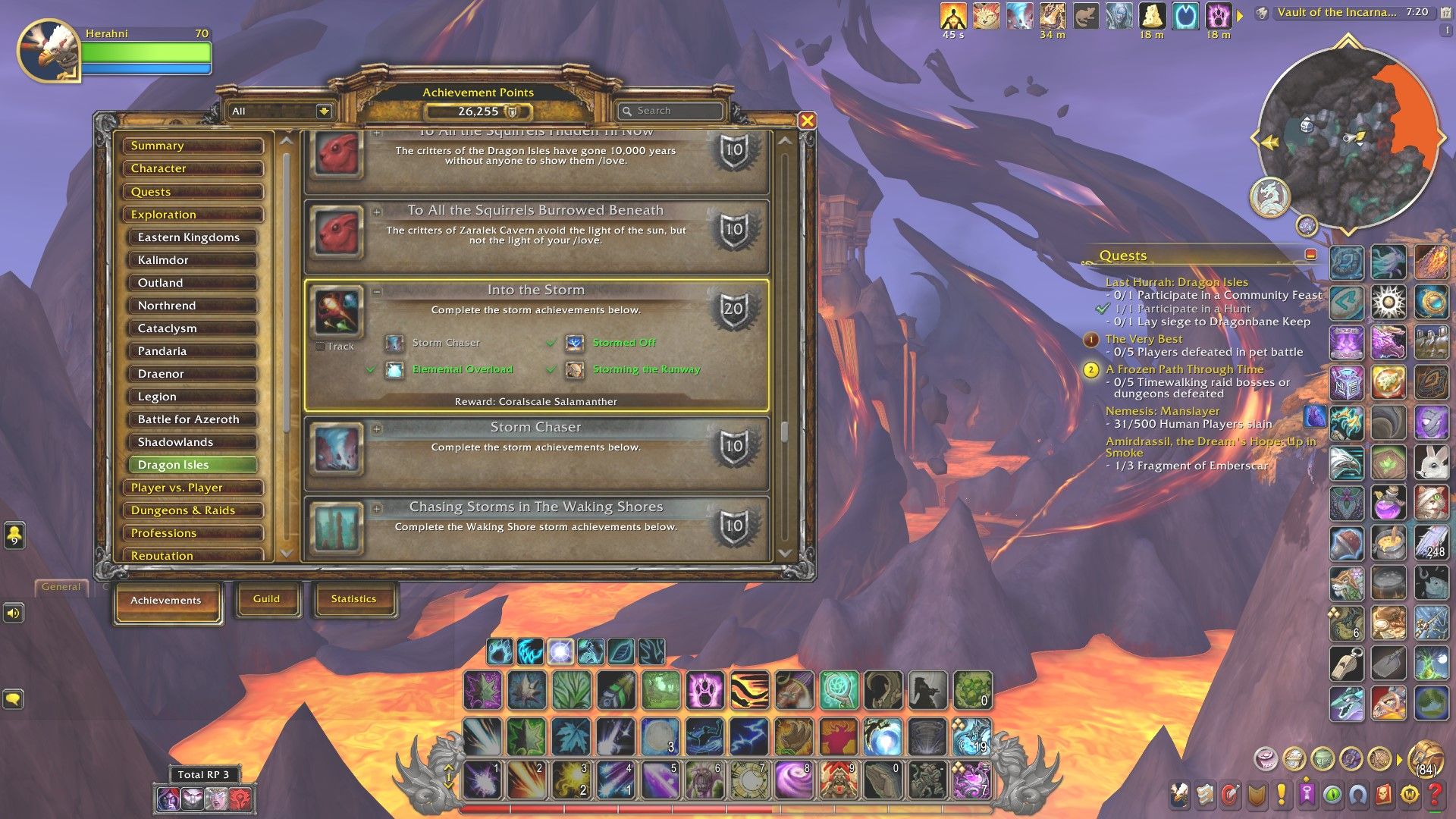 El logro Dentro de la tormenta se abrió en la interfaz de logros de World of Warcraft, con la entrada a la bóveda de los encarnados en thaldraszus al fondo.