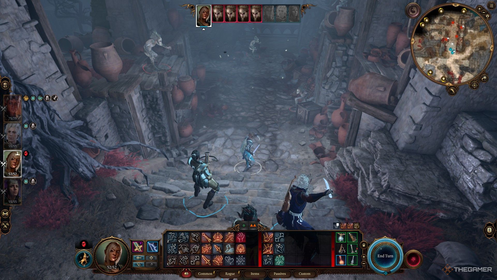 Tav y el grupo con armas listas para atacar a los meazels en Baldur's Gate 3.