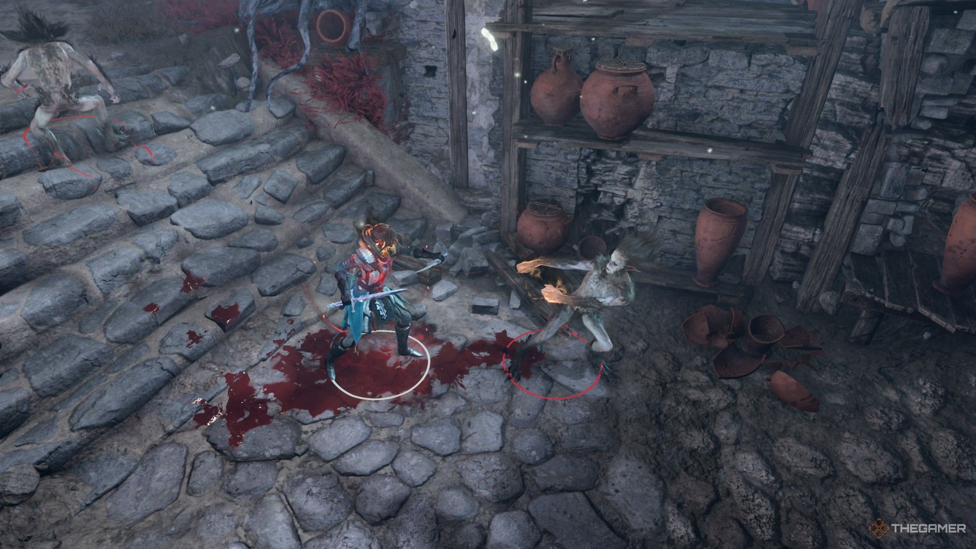Tav siendo garroteado por un meazel en una habitación de piedra en Baldur's Gate 3.