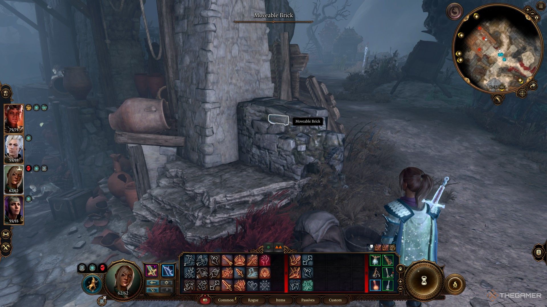 Tav mirando una pared de ladrillos en Baldur's Gate 3.