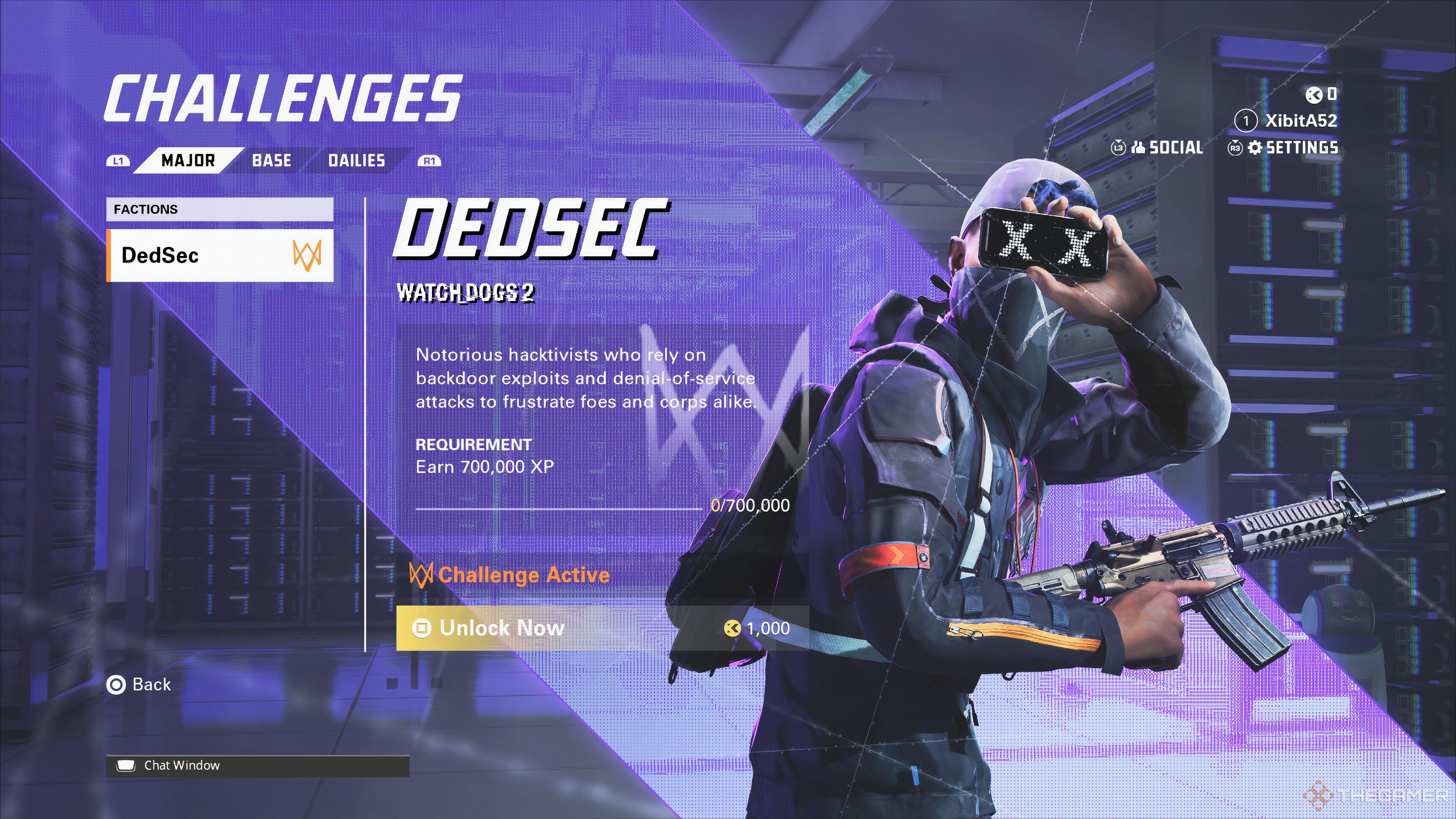La pantalla de desafío de DedSec muestra que necesitas 700.000 puntos de experiencia para desbloquear la clase en XDefiant.