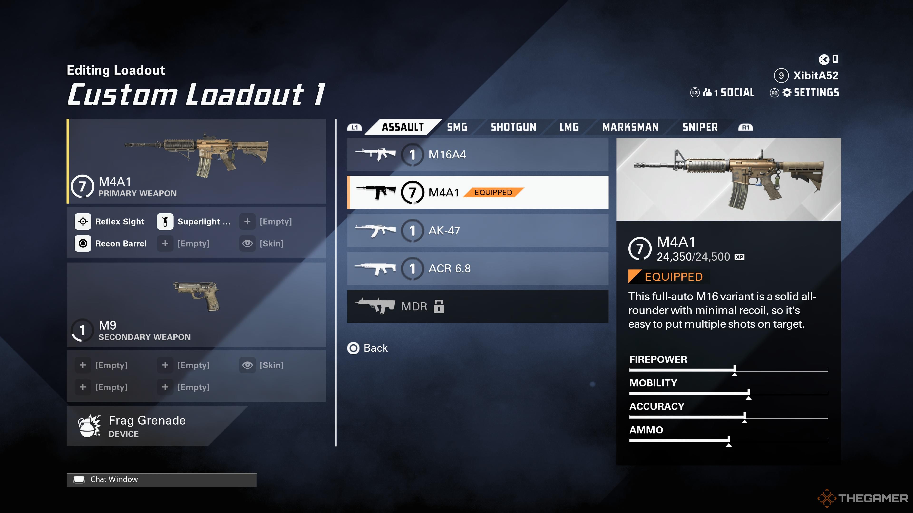 La pantalla del rifle de asalto durante la personalización del equipamiento en XDefiant.