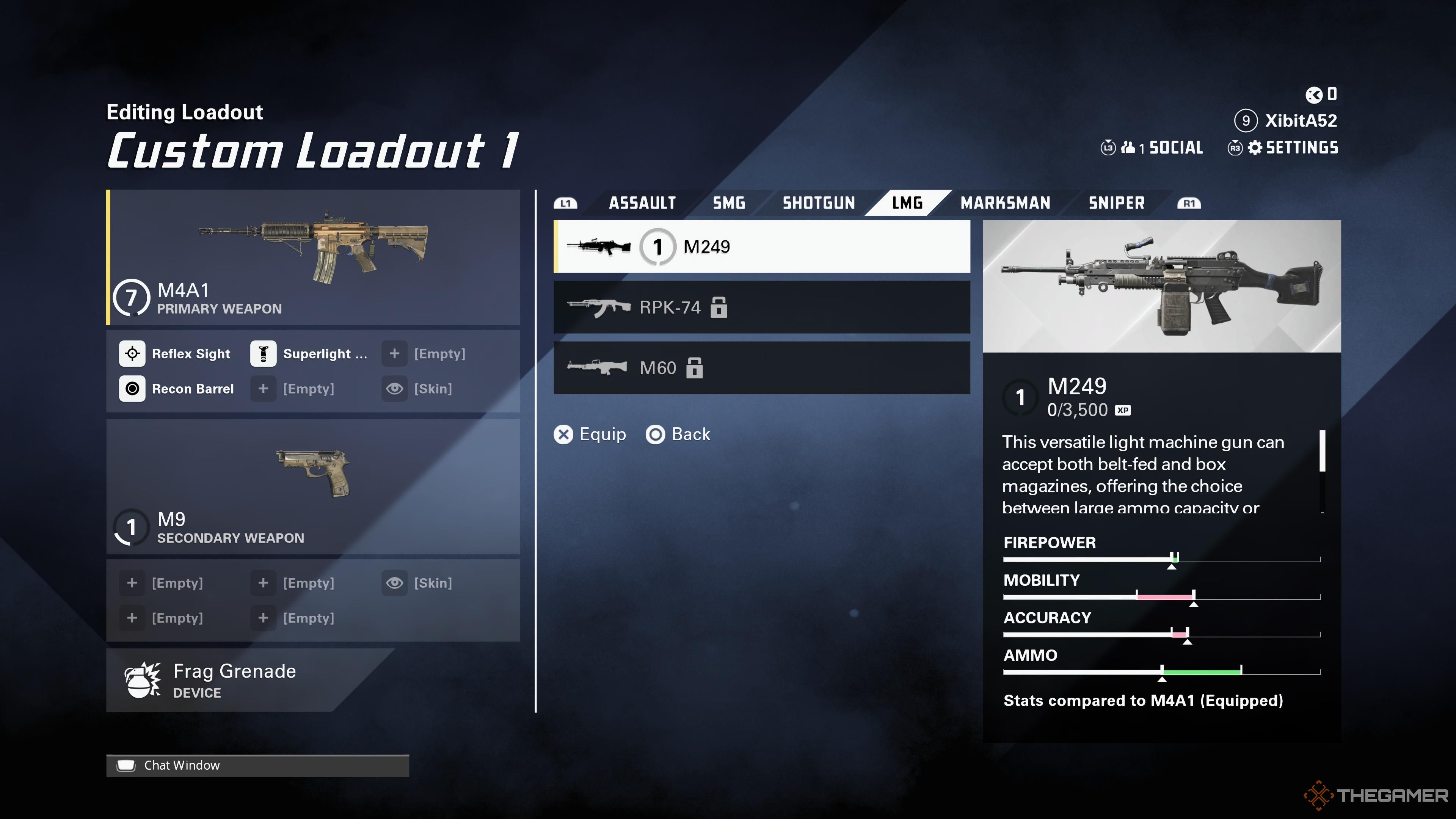 La pantalla LMG durante la personalización del equipamiento en XDefiant.
