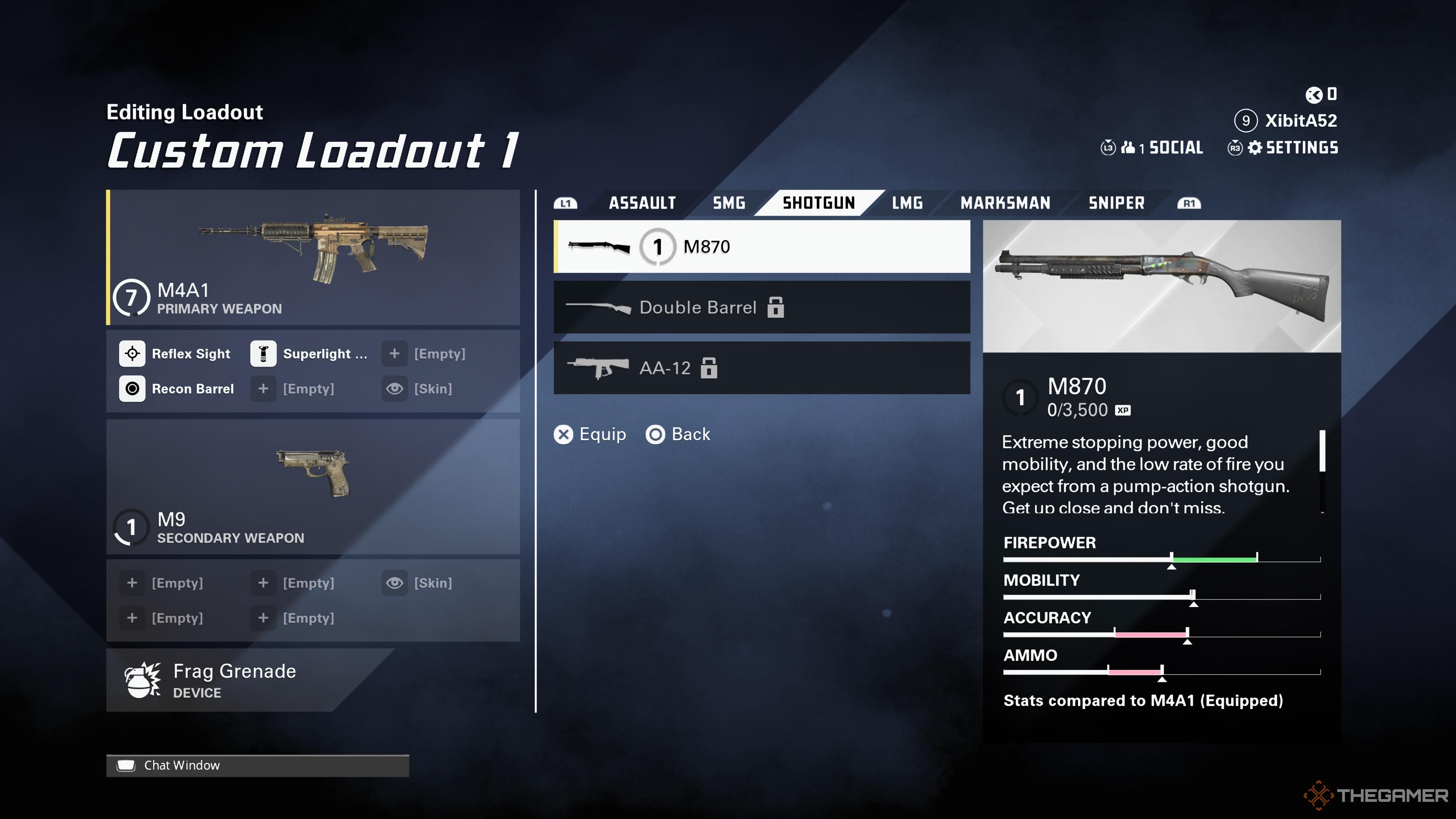 La pantalla de escopeta durante la personalización del equipamiento en XDefiant.