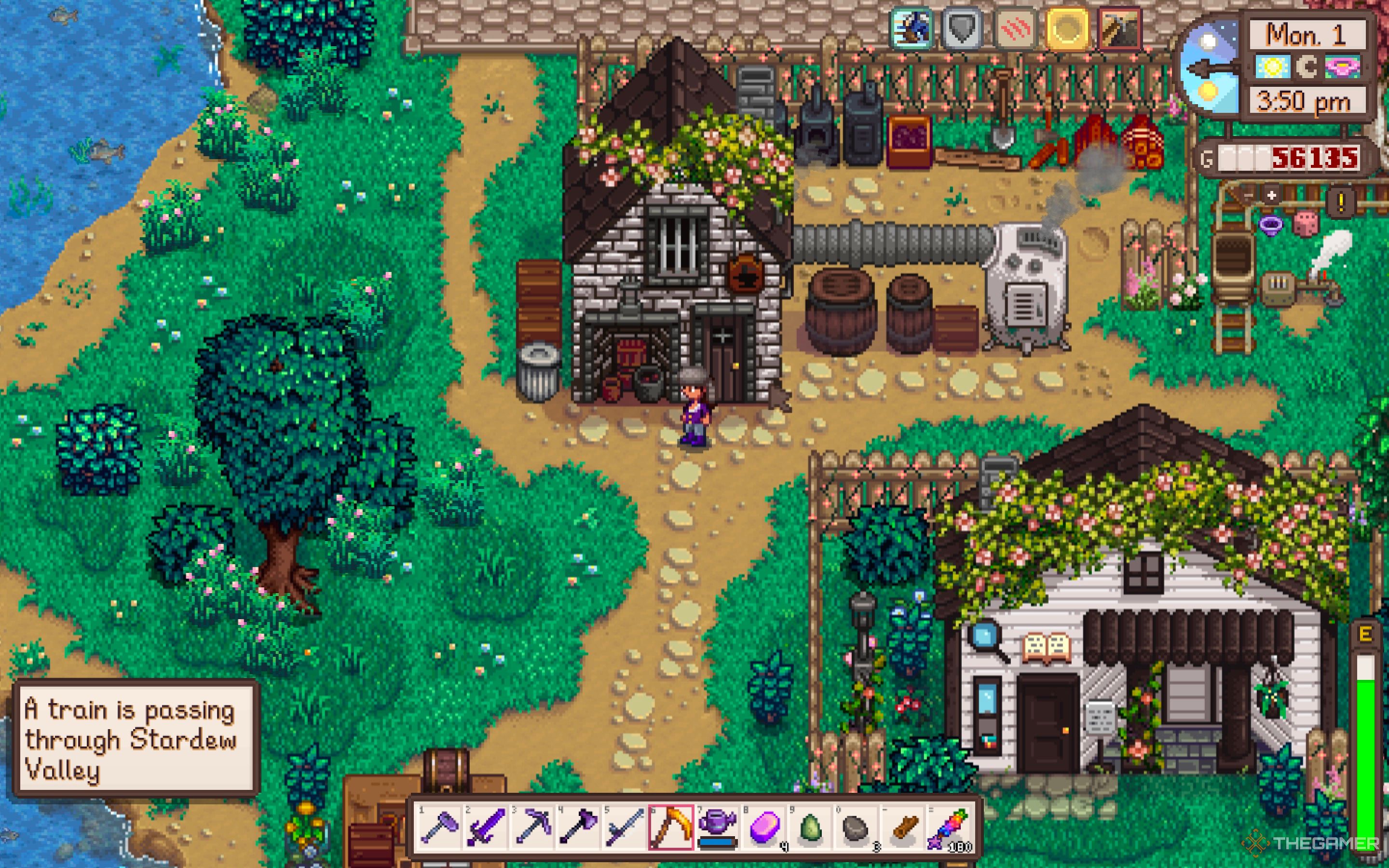 Granjero de Stardew Valley afuera de Clint's con notificación de 