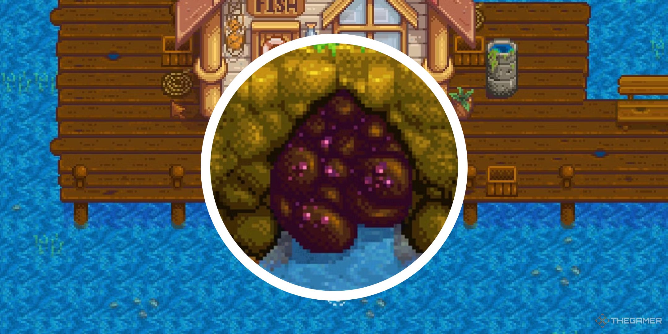 Imagen de Stardew Valley de una pescadería en la playa con un círculo png de roca brillante