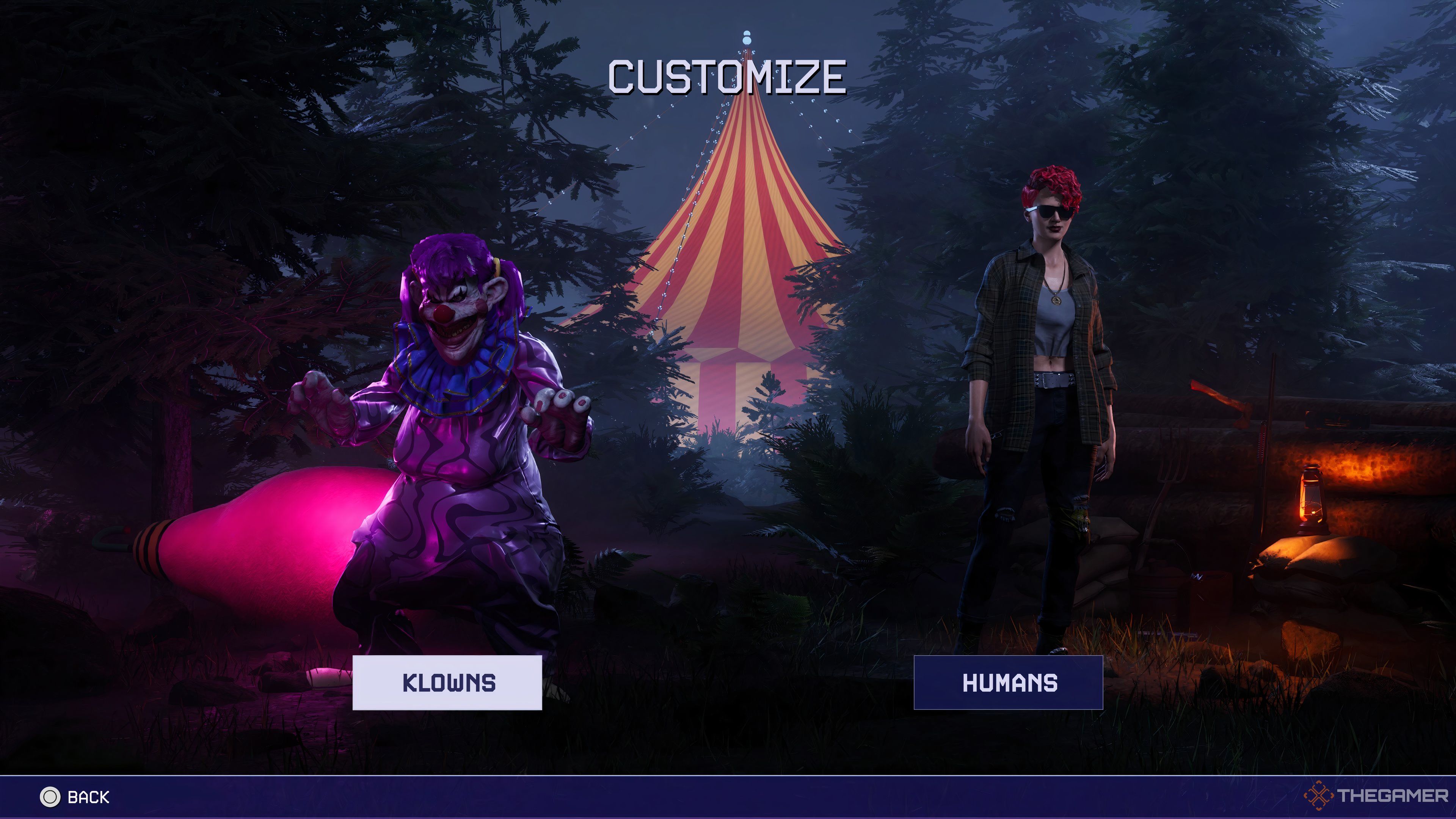 Captura de pantalla de la primera pantalla de equipamiento donde eliges Klown (izquierda) o humano (derecha) en Killer Klowns From Outer Space: The Game.