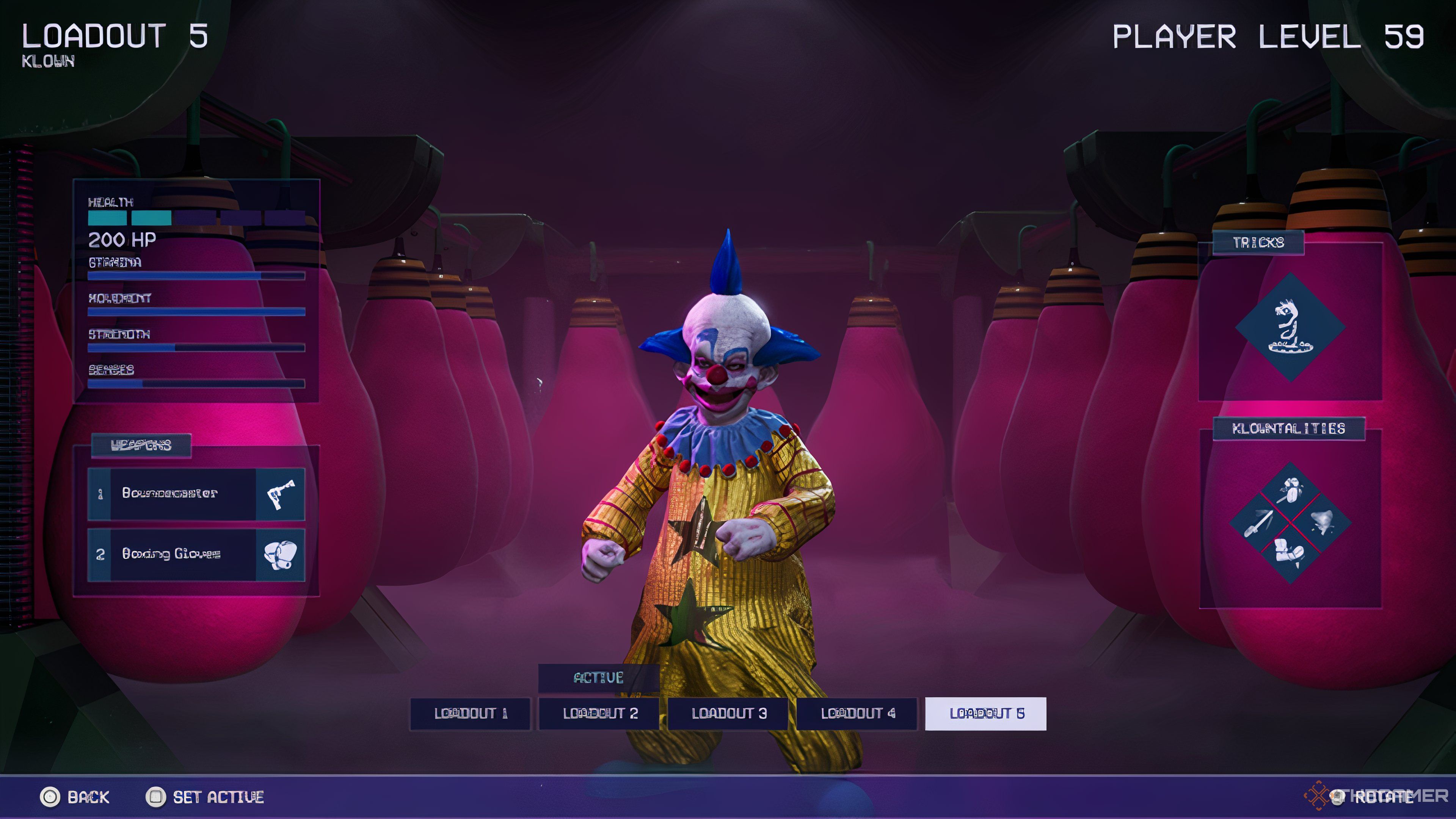 Brawler Klown Escribe el menú de equipamiento en Killer Klowns From Outer Space: The Game.