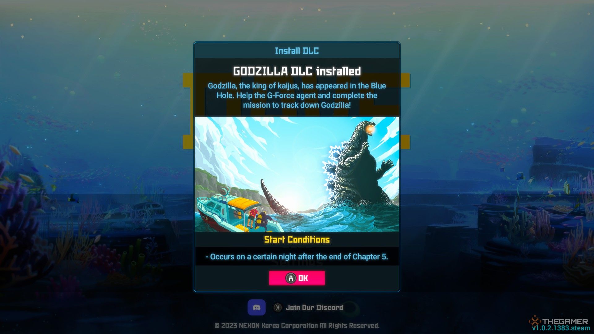 Una ventana emergente en la pantalla de inicio de Dave the Diver muestra que el DLC Godzilla se ha instalado y 