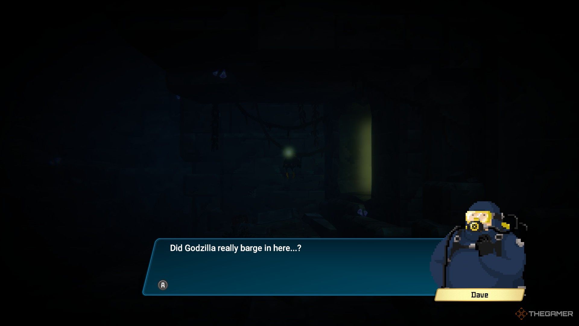 Dave hablando solo en una cueva, con un texto que dice 