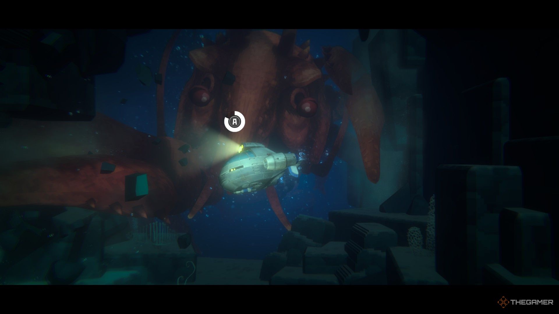 Ebirah, un kaiju langosta, se lanza desde el fondo al primer plano mientras aparece un botón para que Dave evite el ataque en el submarino G-Force. 