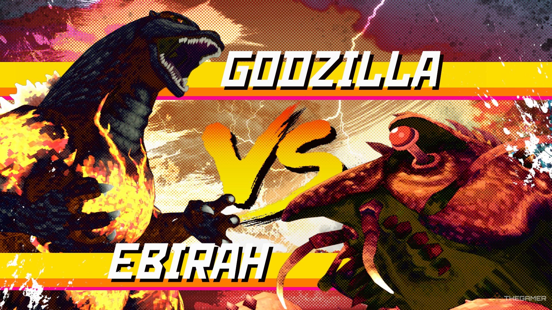 Una pantalla de batalla de confrontación que muestra 'Godzilla vs. Ebirah' con ambos monstruos enfrentados entre sí.