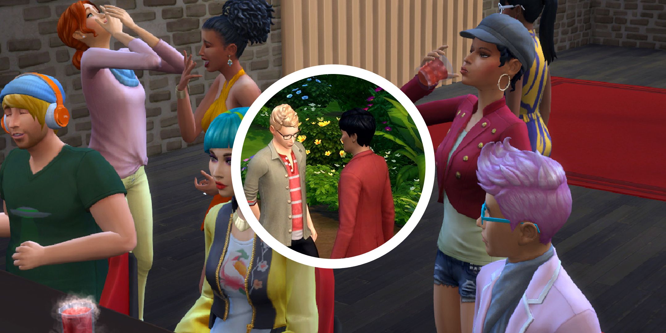 sims 4 imagen de sims en el bar con círculo png de dos sims coqueteando
