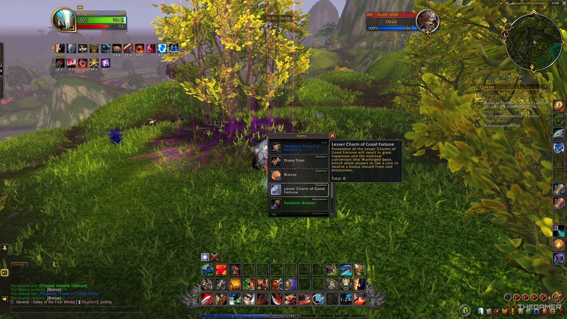 Saquear un amuleto menor de buena fortuna de un raro en el remix de World of Warcraft: Mists of Pandaria.