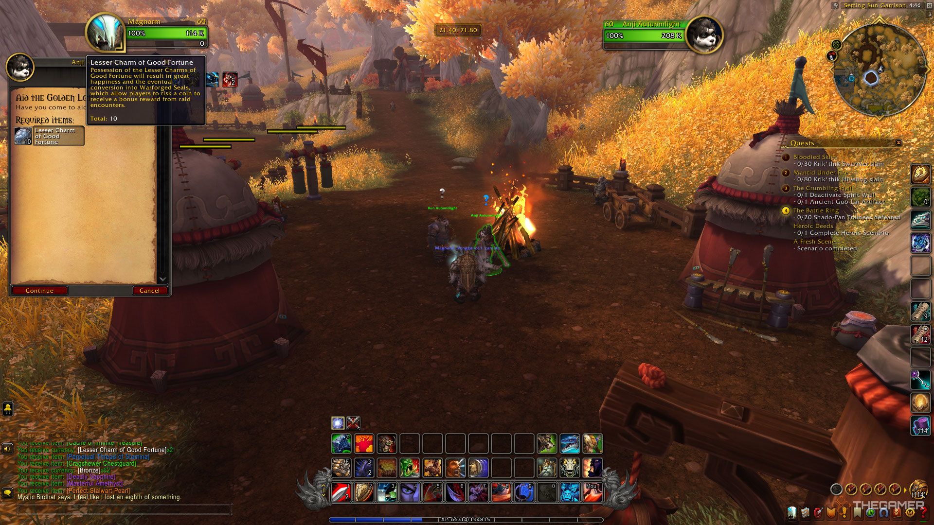 Entregar amuletos menores de buena fortuna al loto dorado para ganar reputación en el remix de World of Warcraft: Mists of Pandaria.
