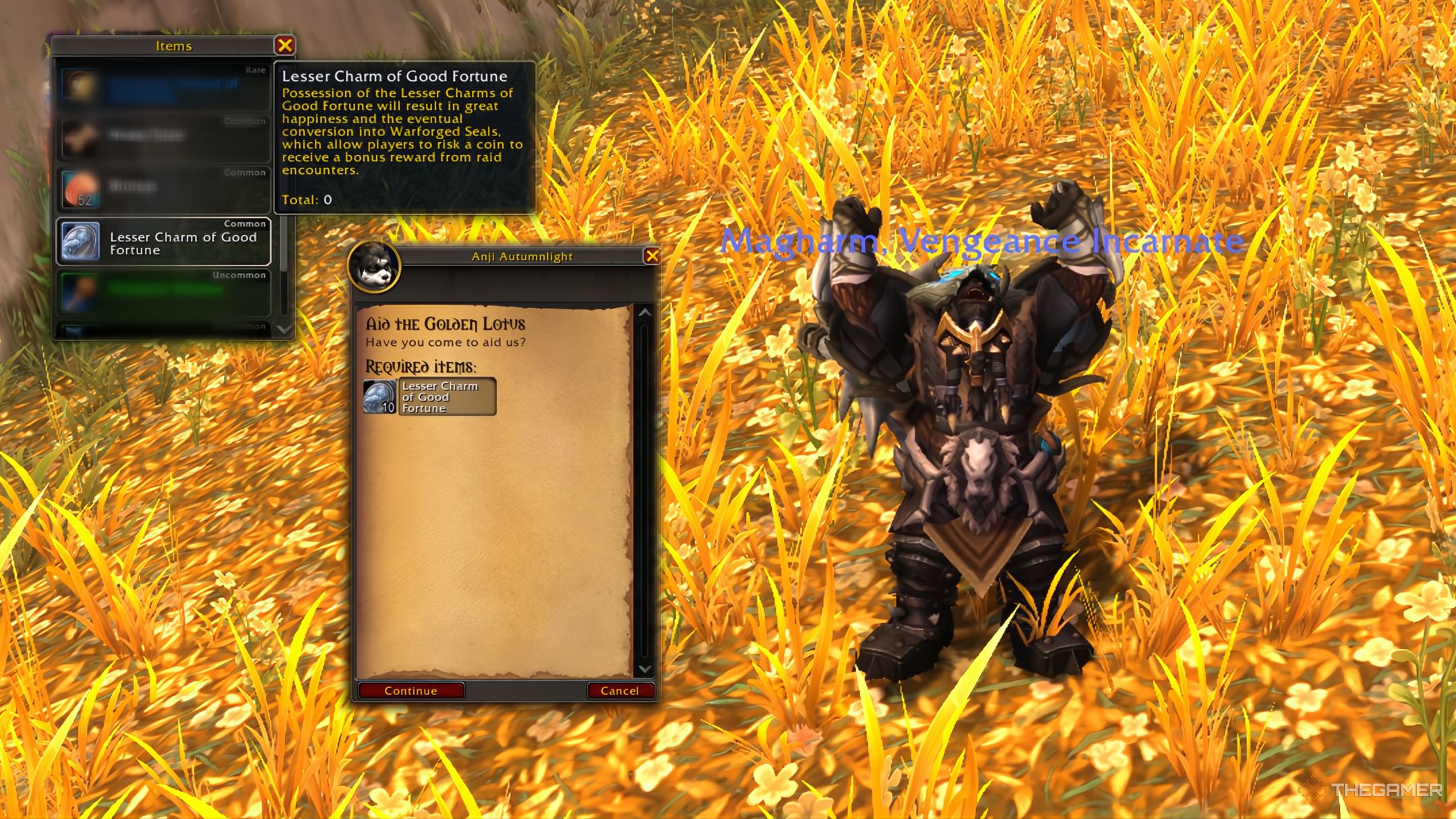 Saquear y usar amuletos menores de buena fortuna en World of Warcraft: Mists of Pandaria remix.
