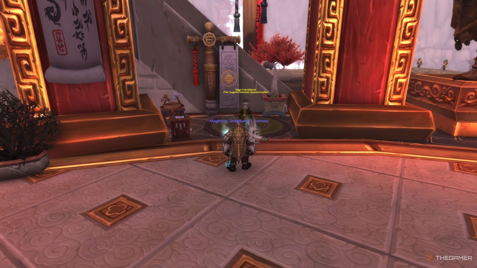 Sage Lotusbloom, el Augusto Intendente Celestial, en el Santuario de las Dos Lunas en el remix de World of Warcraft: Mists of Pandaria.