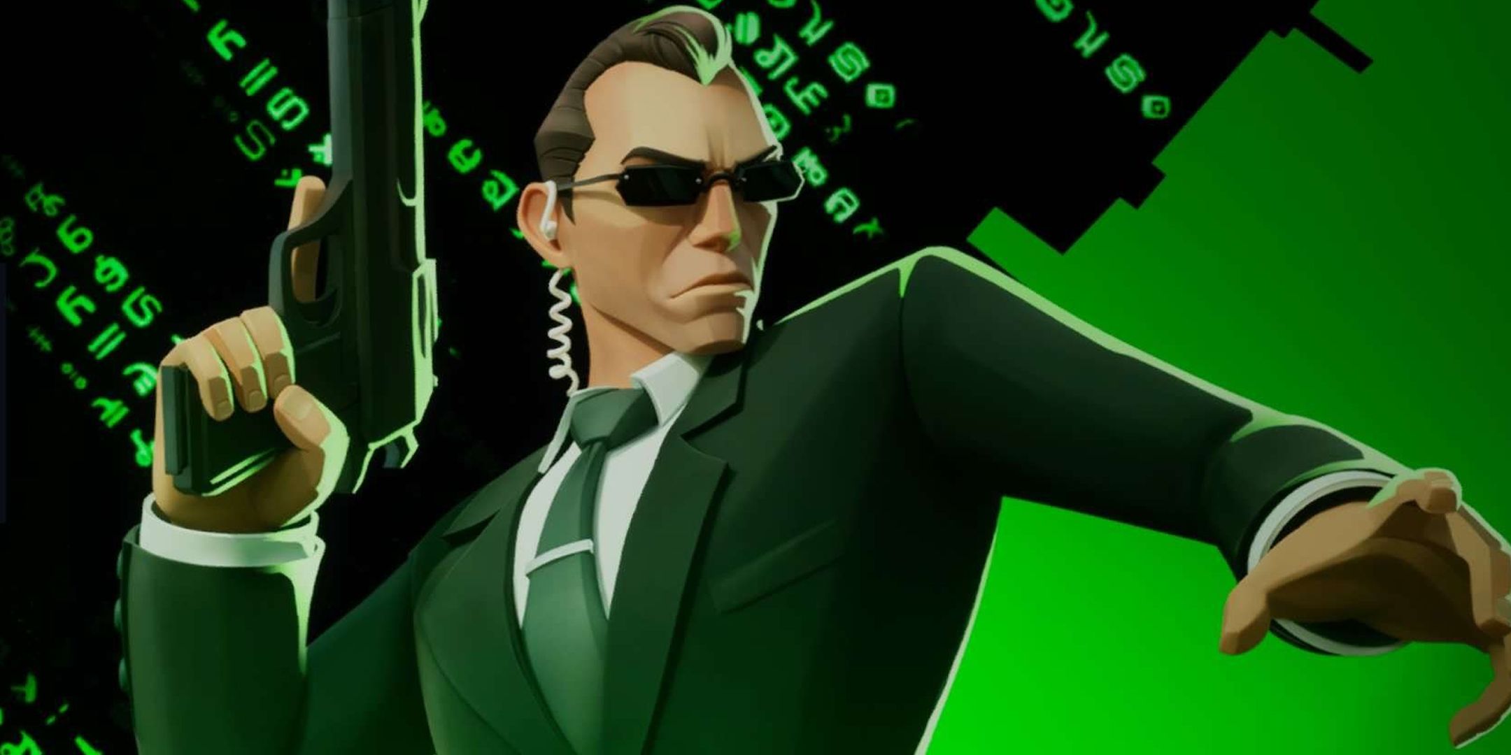 Agente Smith sobre un fondo verde en MultiVersus