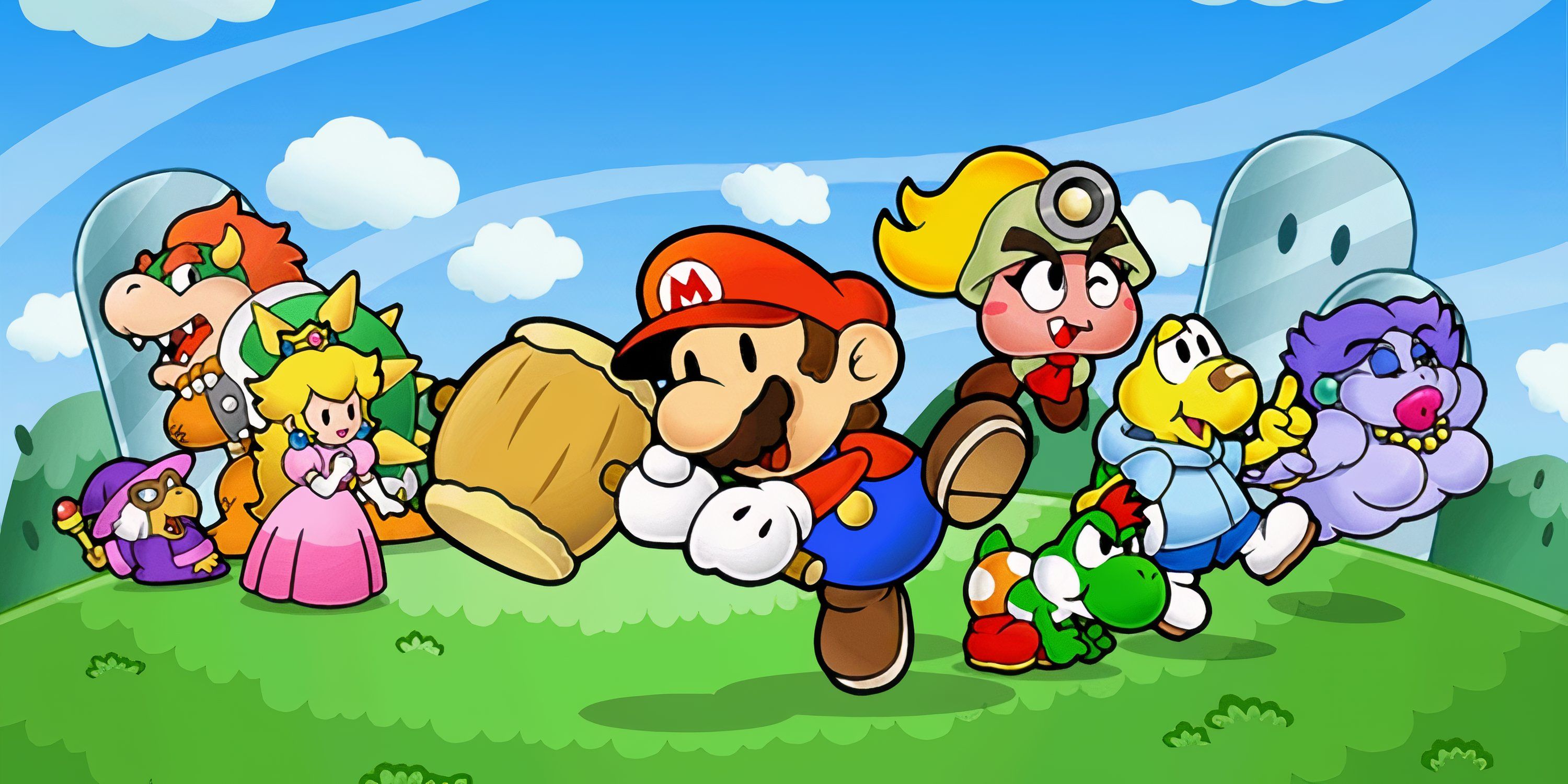 Paper Mario balancea un martillo con la Princesa Peach, Bowser, Goombella, Koops, Flurrie y Yoshi Kid junto a él.