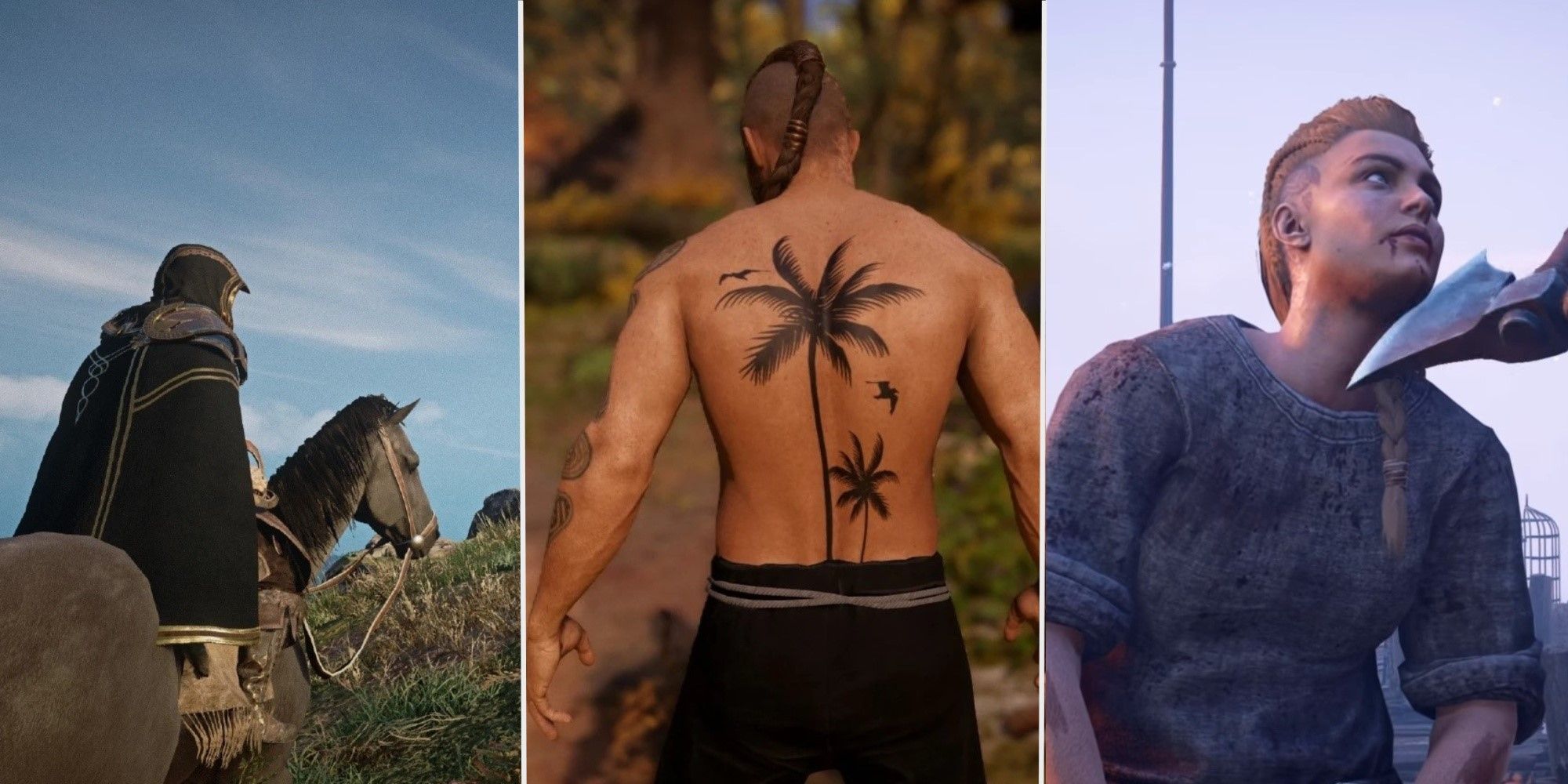 Una imagen dividida que muestra las modificaciones Ultrawide de corrección de color, editor de tatuajes de cuerpo completo y escenas fijas en Assassin's Creed Valhalla.