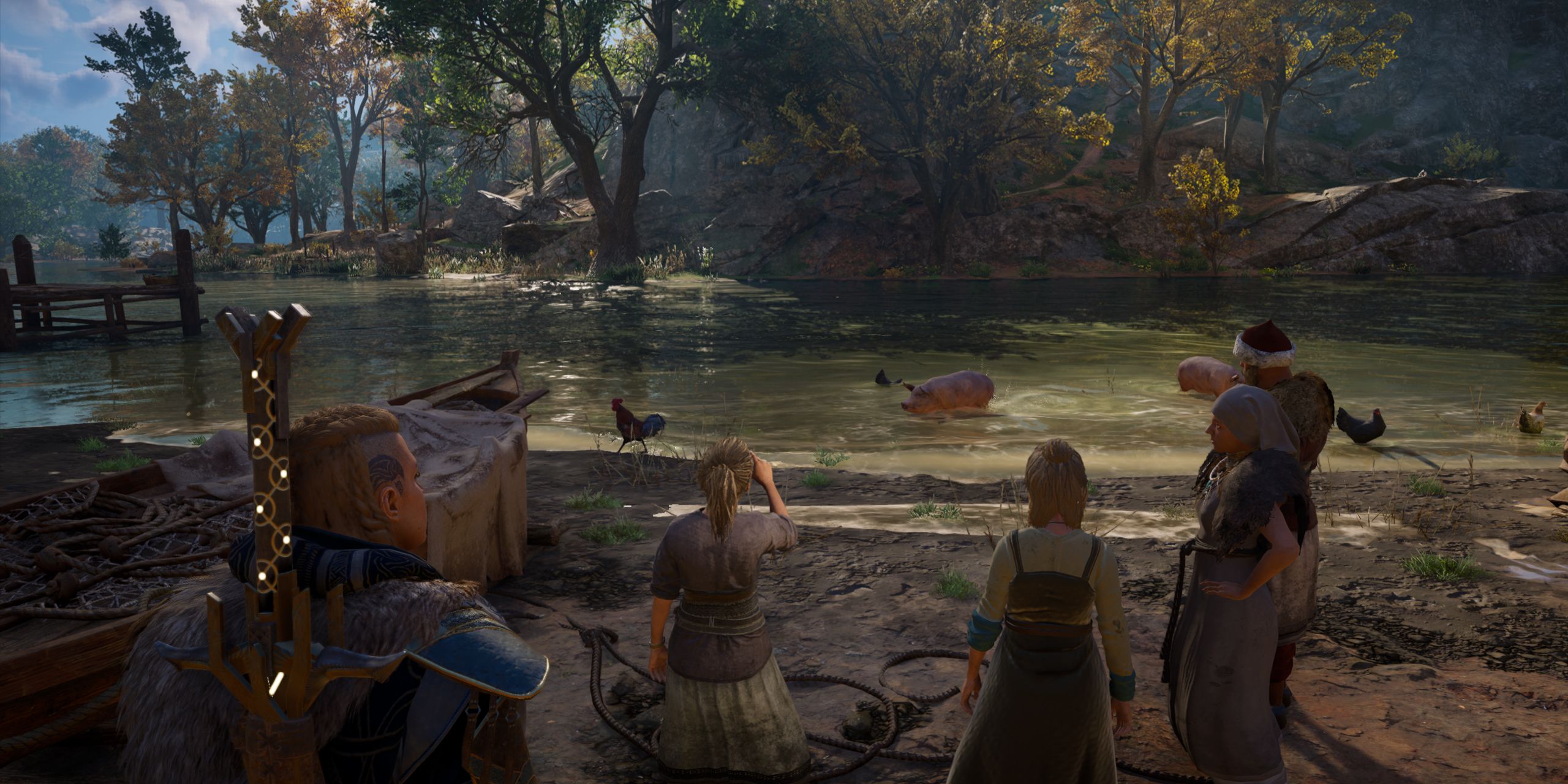 Eivor y otros colonos observan algunos animales que causan el caos en Assassin's Creed Valhalla.