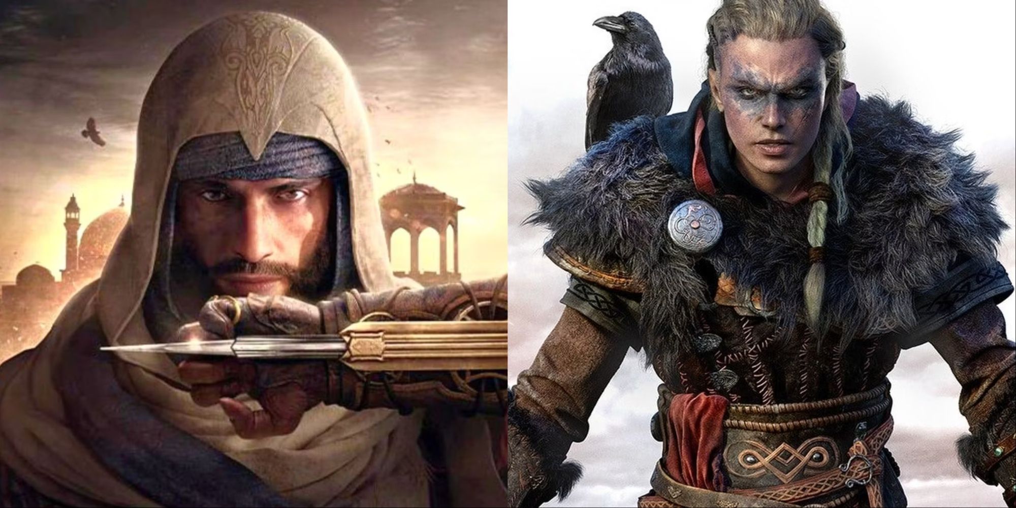 imagen dividida Assassins Creed Mirage, Assassins Creed Valhalla