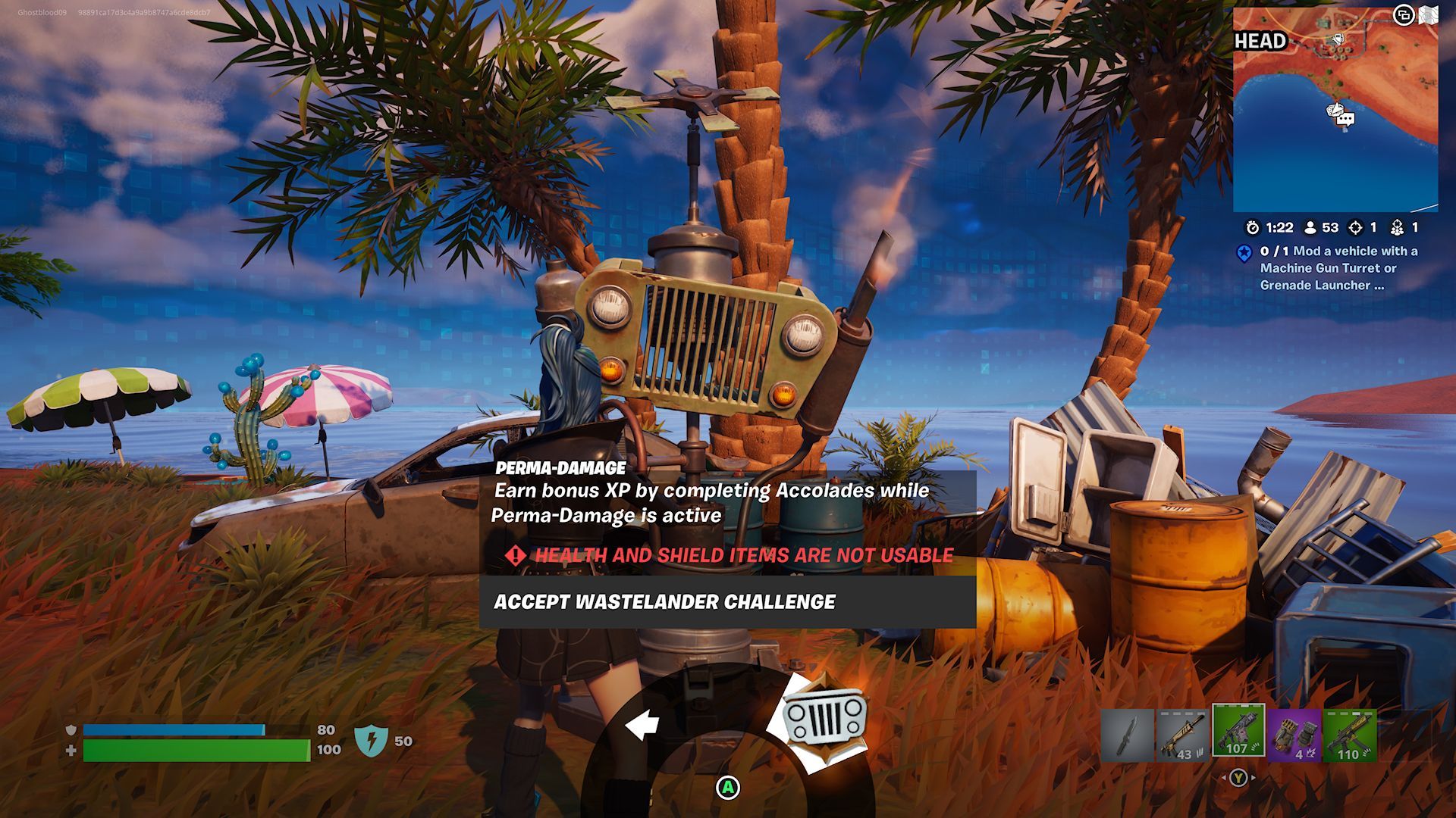 Un jugador que acepta el desafío Wastelander de daño permanente de una baliza Wastelander en Fortnite.