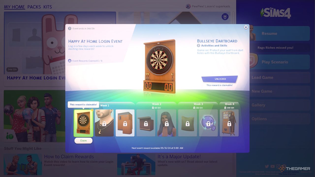 El menú principal de Sims 4 que muestra las recompensas diarias del evento de inicio de sesión.