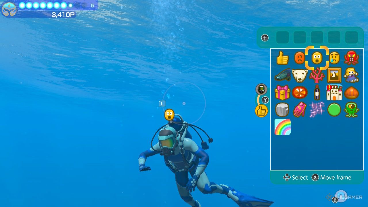 Avatar de buceo de Endless Ocean Luminous que usa un emoji con una etiqueta de cara de sorpresa mientras bucea.