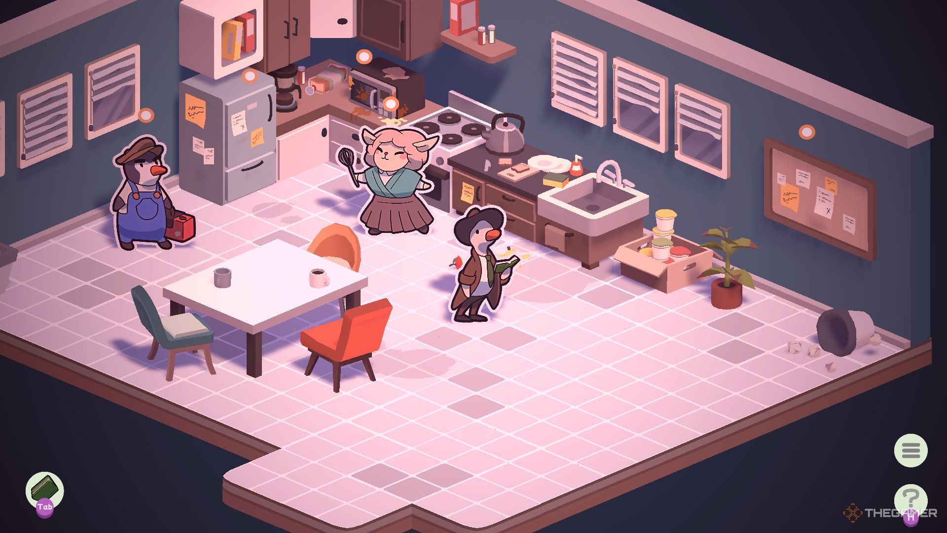 Una cocina con un pato, un pingüino y una oveja en Duck Detective. 