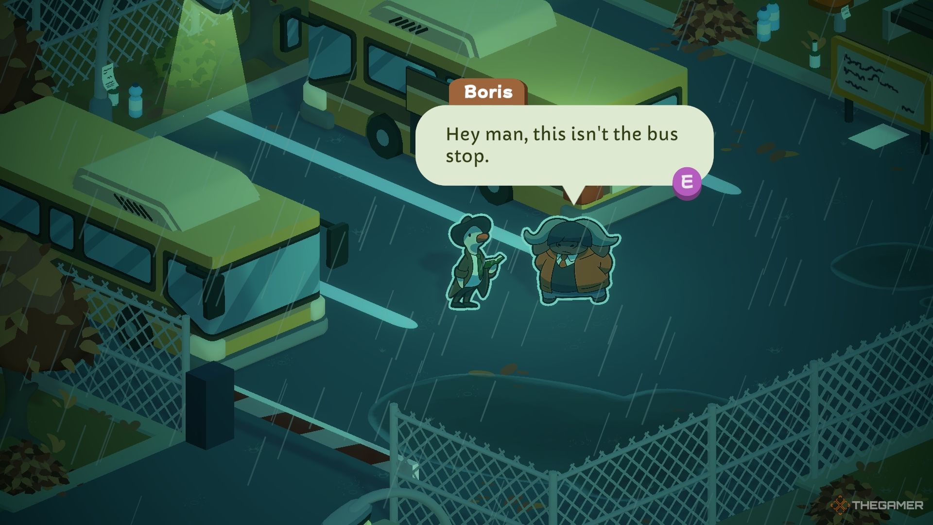 Un búfalo diciéndole a un detective de patos que está en el lugar equivocado en Duck Detective.
