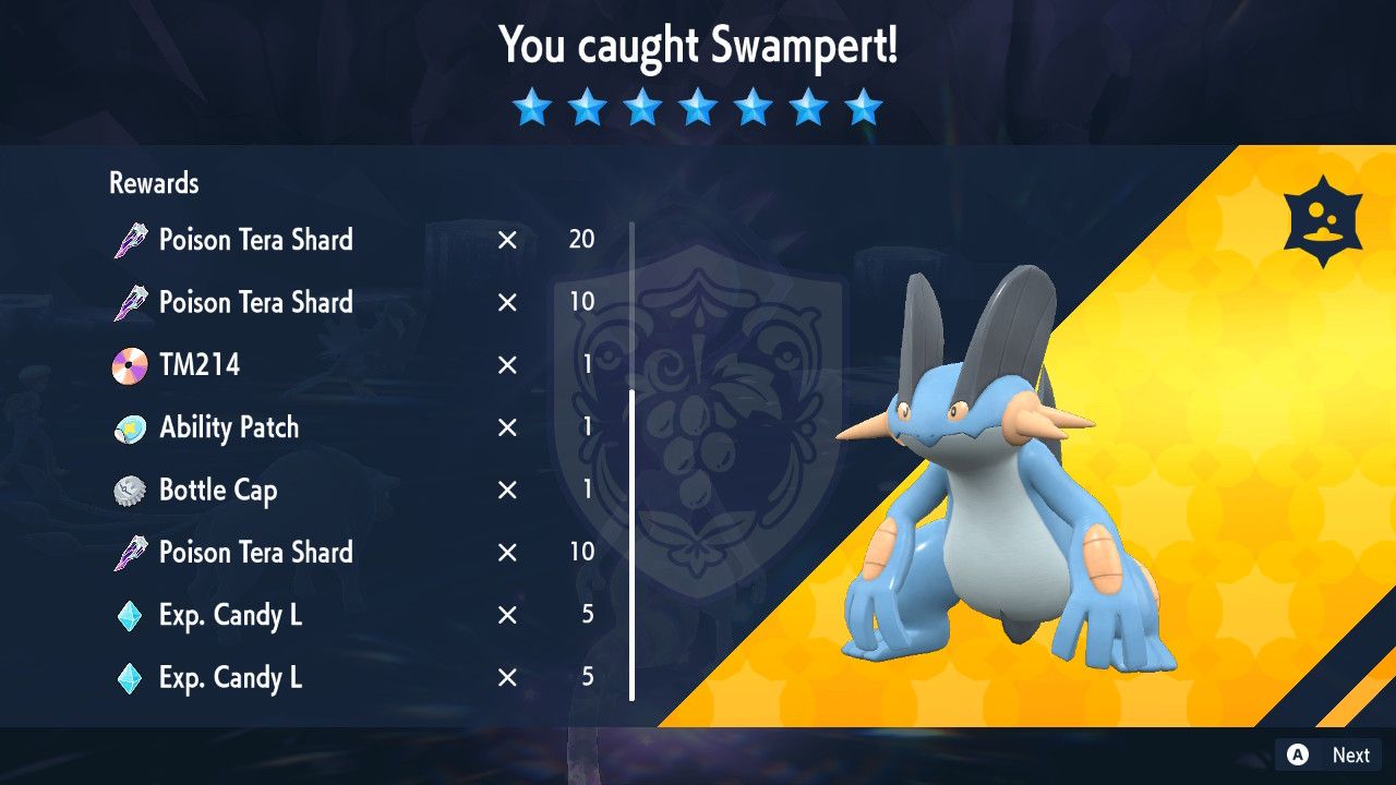 Una captura de pantalla de Pokémon Scarlet y Violet que muestra al jugador atrapando a Swampert.