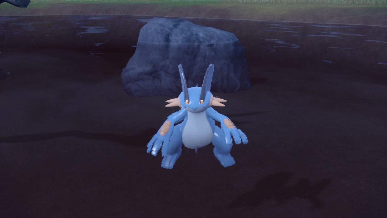 Una captura de pantalla de Pokémon Scarlet y Violet que muestra a Swampert flotando en el agua.