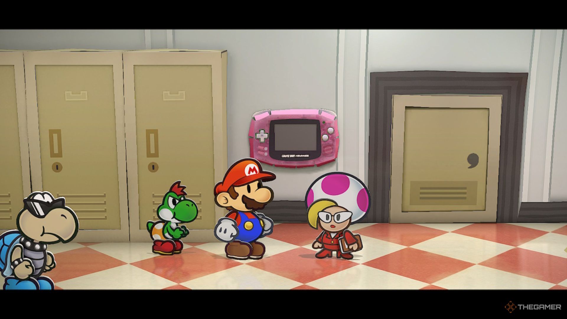 Jolene hablando con Mario en el vestuario de las grandes ligas en Paper Mario: The Thousand-Year Door.