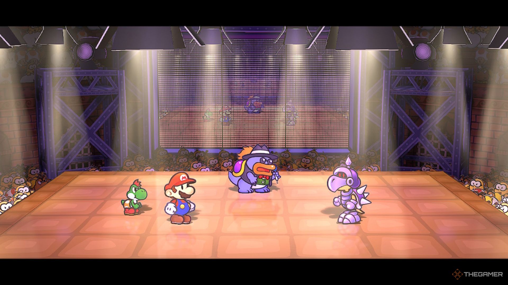 Mario y Yoshi se preparan para luchar contra Koopinator en Paper Mario: The Thousand-Year Door.