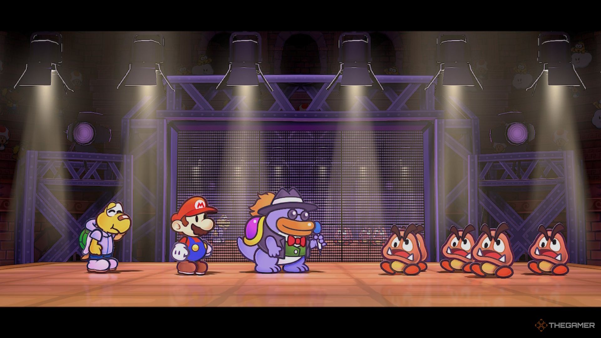 Mario y Koops en Glitz Pita después de derrotar a The Goomba Bros. en Paper Mario: The Thousand-Year Door.