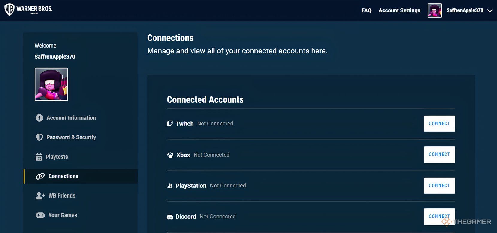 Configuración de conexiones para una cuenta de Warner Bros.