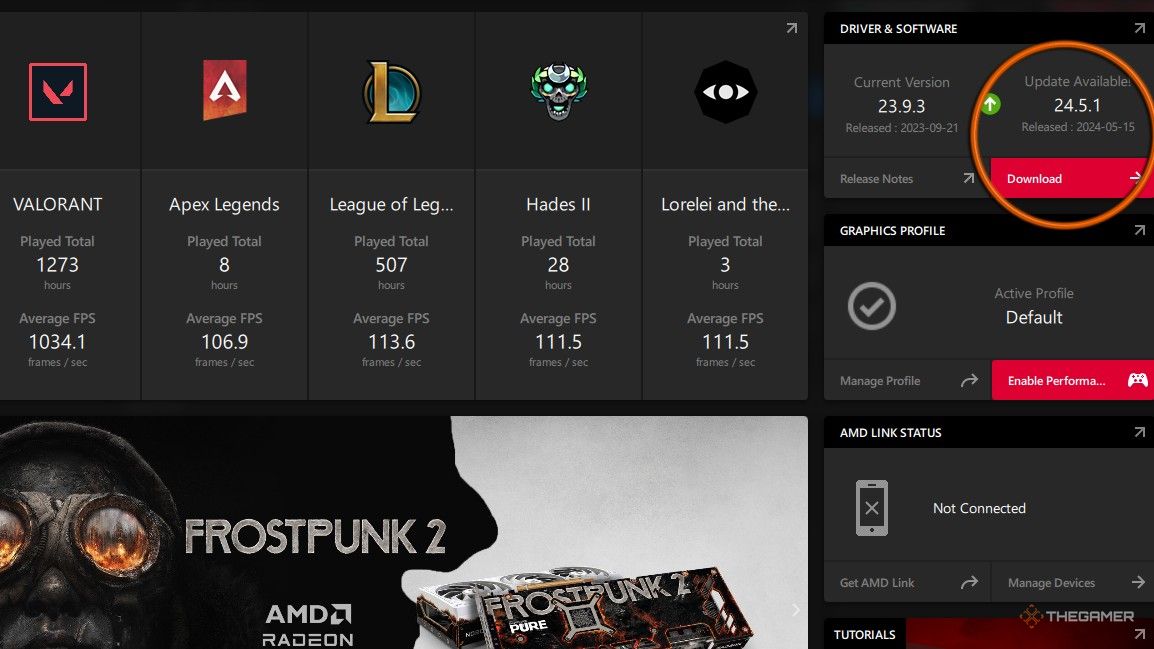 Una pantalla de actualización del controlador de software AMD, con la opción de descarga resaltada.