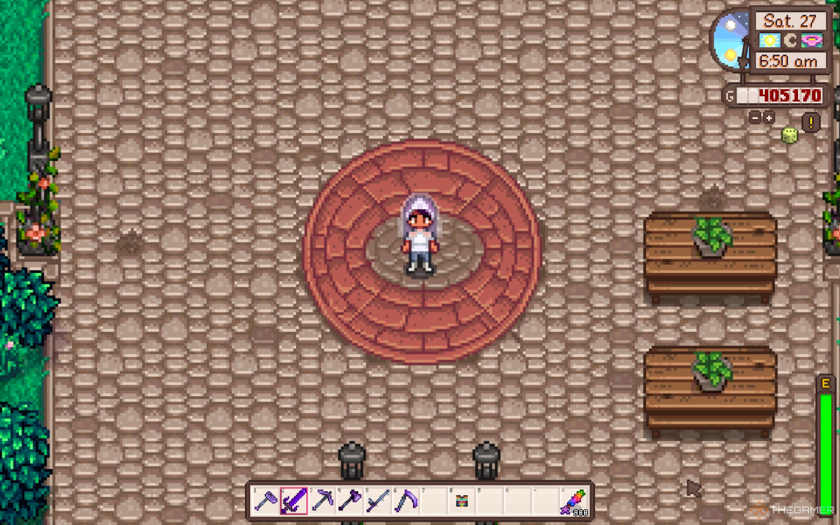 Granjero de Stardew Valley vestido con velo y camisa de novia