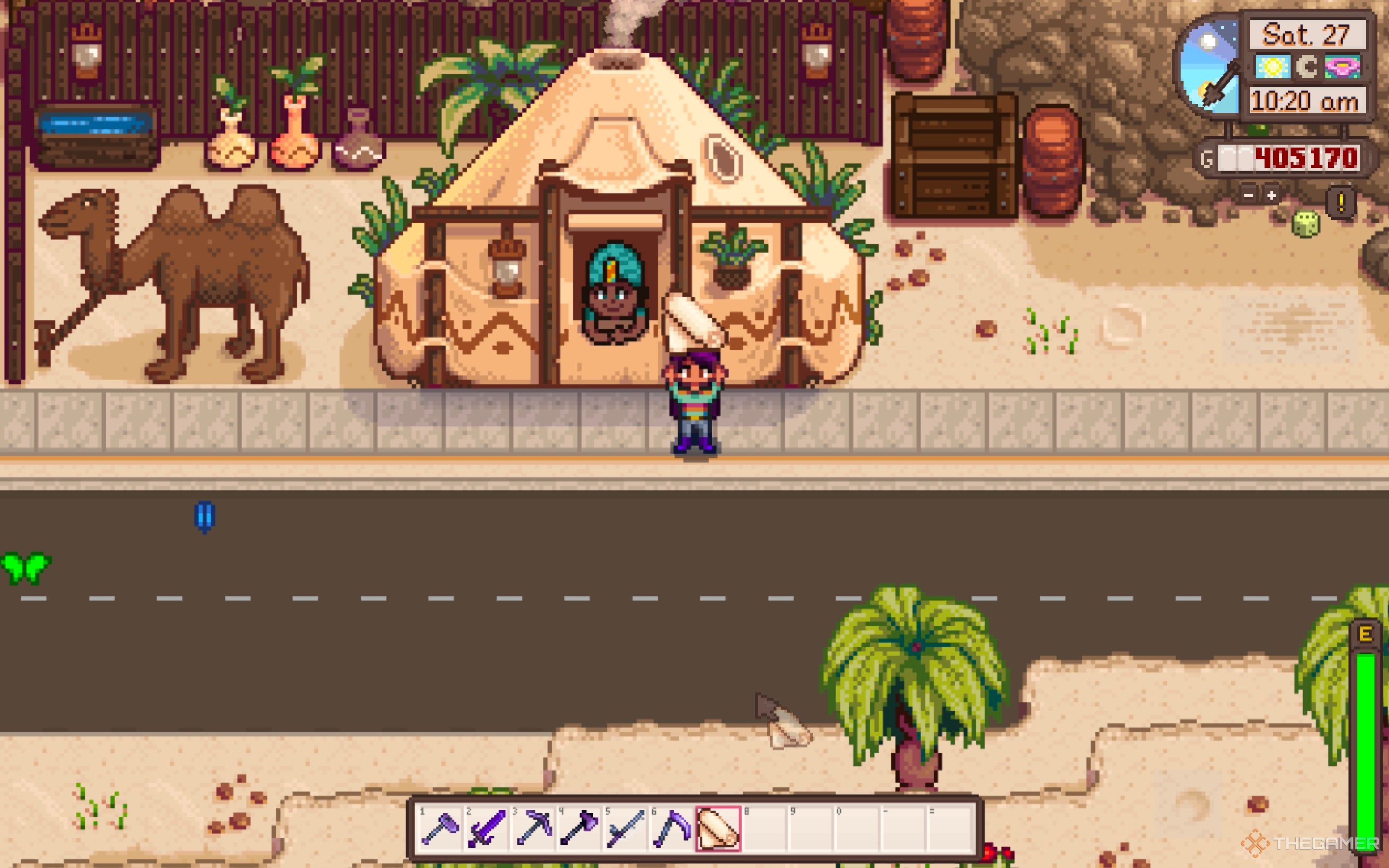 Granjero de Stardew Valley sosteniendo tela en el comerciante del desierto