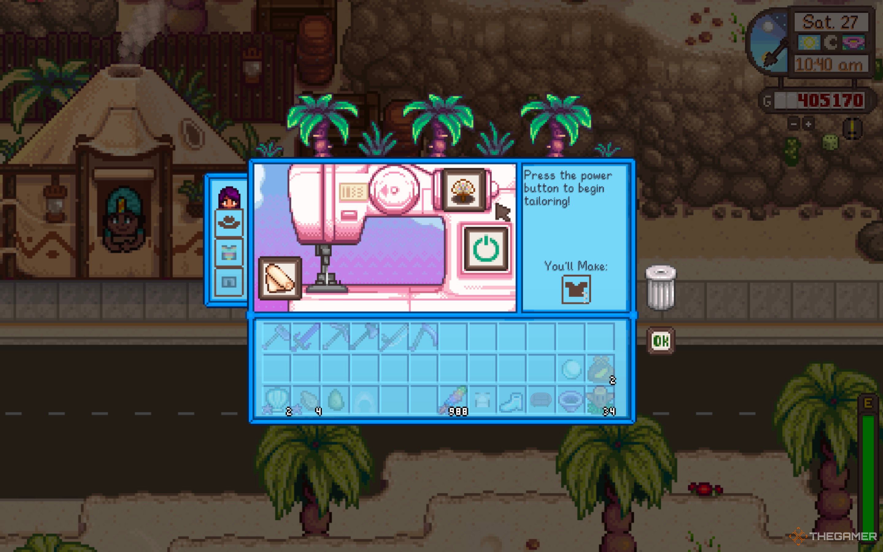 Menú de sastre de Stardew Valley abierto con tela y abanico ornamental cargado