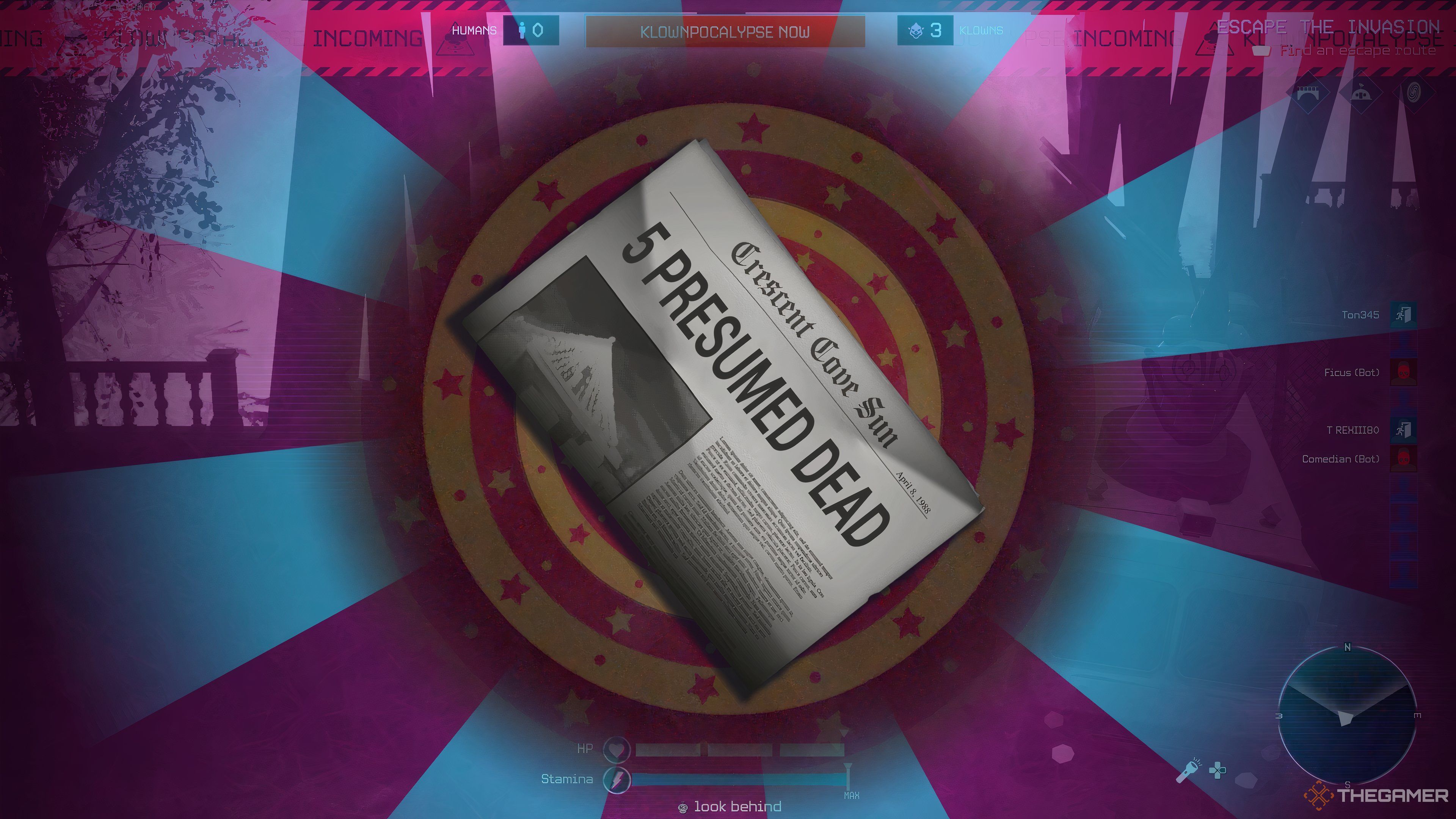 Pantalla de final de partido que muestra el periódico "5 Presumed Dead" en Killer Klowns From Outer Space: The Game.