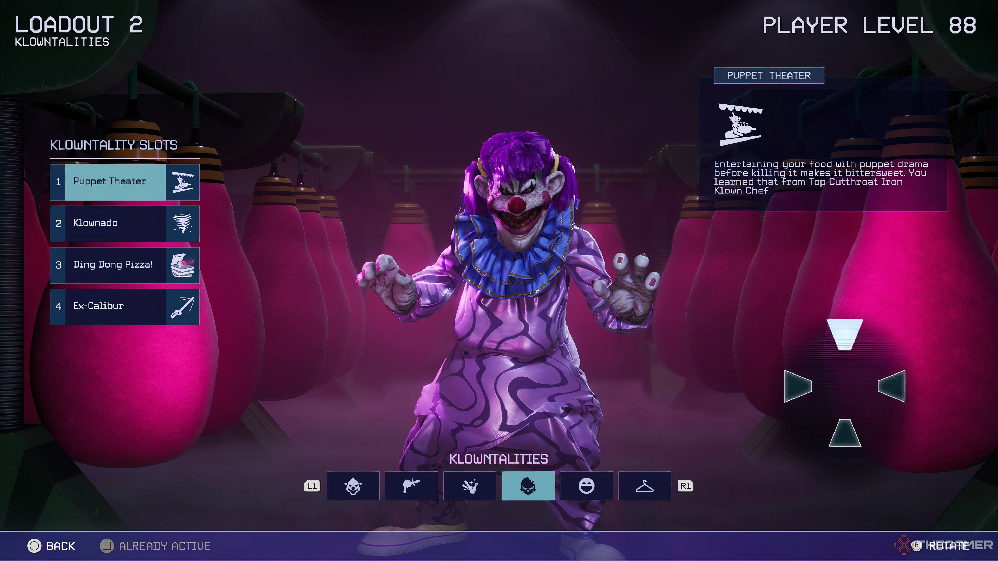 Captura de pantalla del menú de equipamiento de Klowntalities en Killer Klowns From Outer Space: The Game.