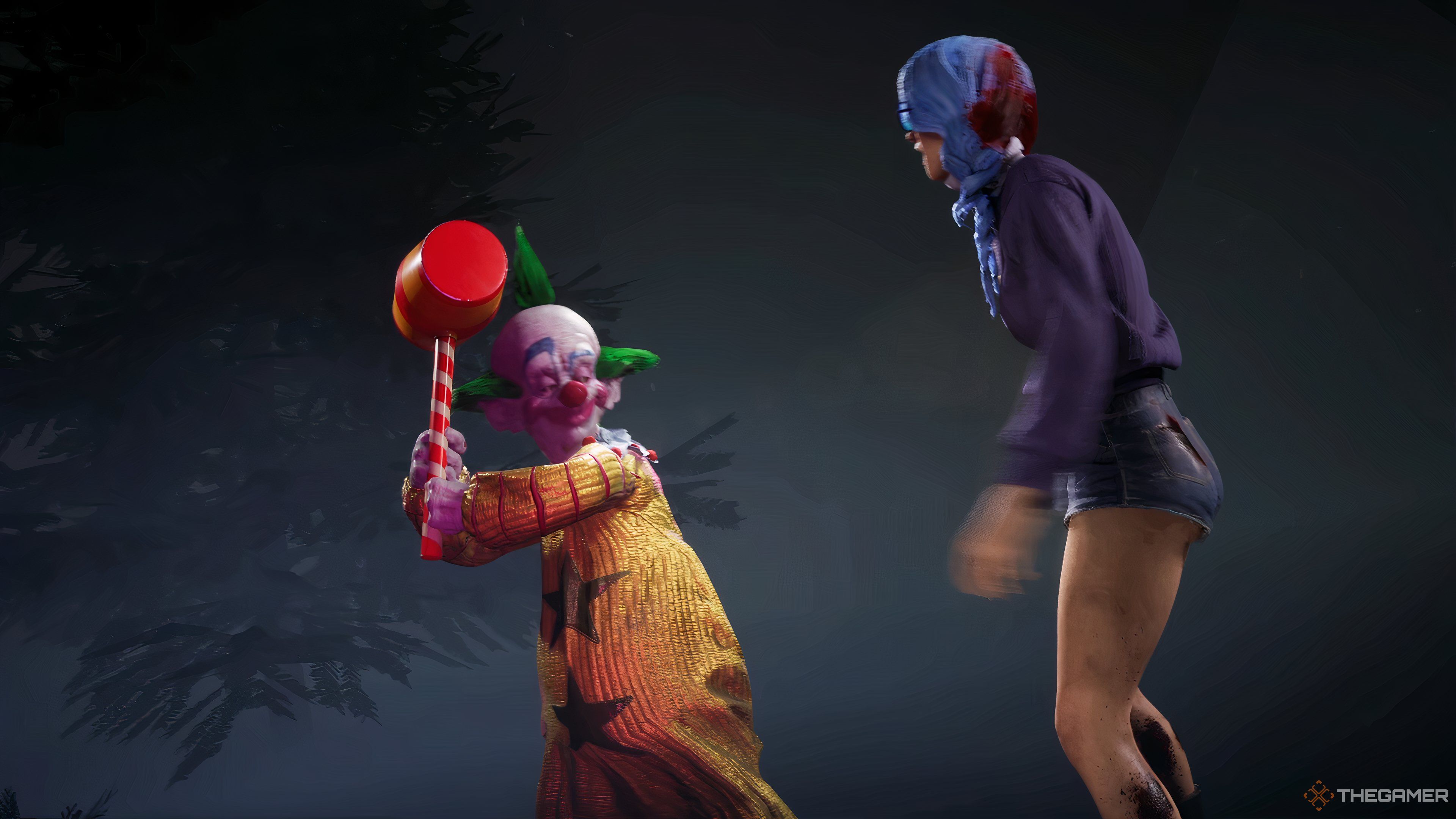 Fotograma de Nutcracker Klowntality: Klown está golpeando con un gran mazo al humano en Killer Klowns From Outer Space: The Game.