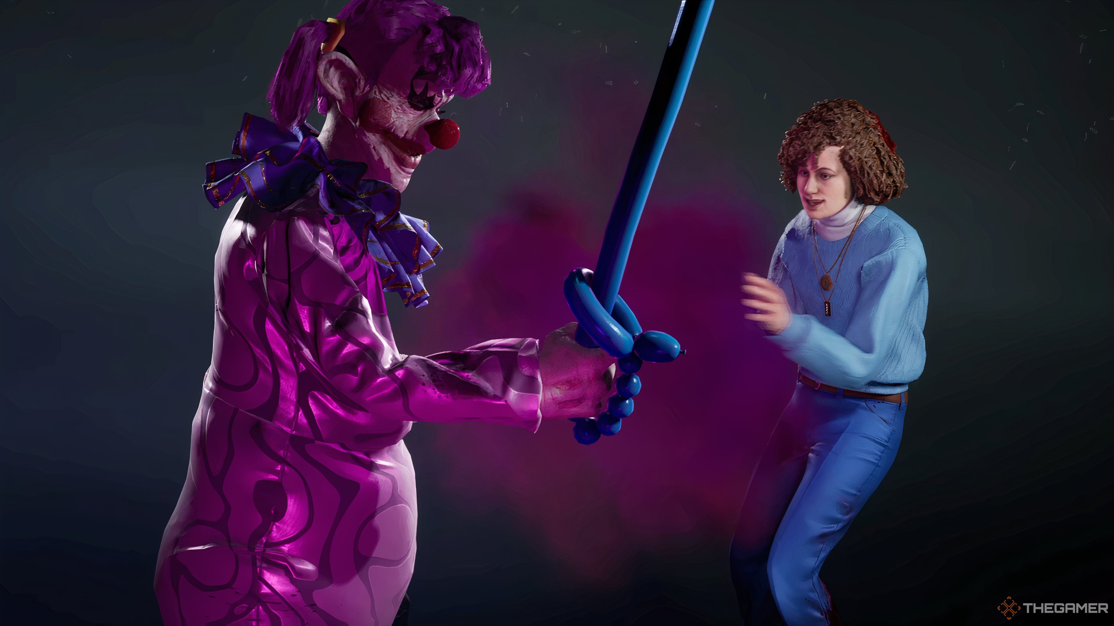 Fotograma de Ex-Calibur Klowntality of the Klown que muestra al humano una espada de globo, el humano sonríe, sin saber que están a punto de ser apuñalados con ella en Killer Klowns From Outer Space: The Game.