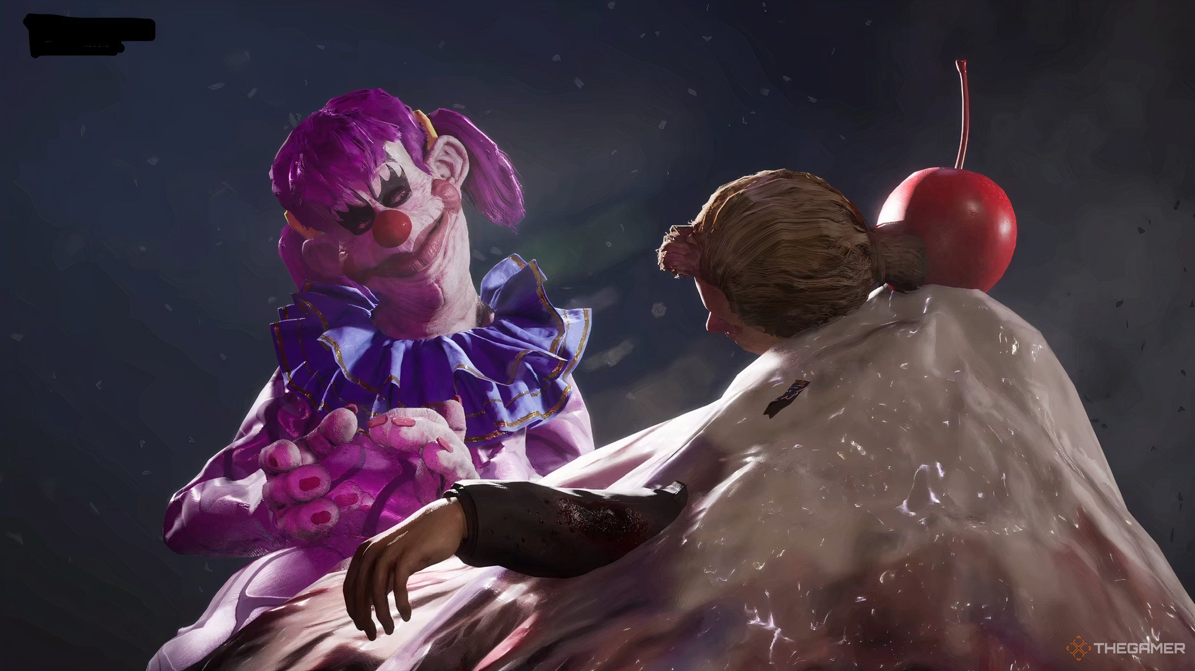 Fotograma de Pie Barrage, un humano está enterrado en una montaña de masa viscosa y Klown mira con alegría en Killer Klowns From Outer Space: The Game.