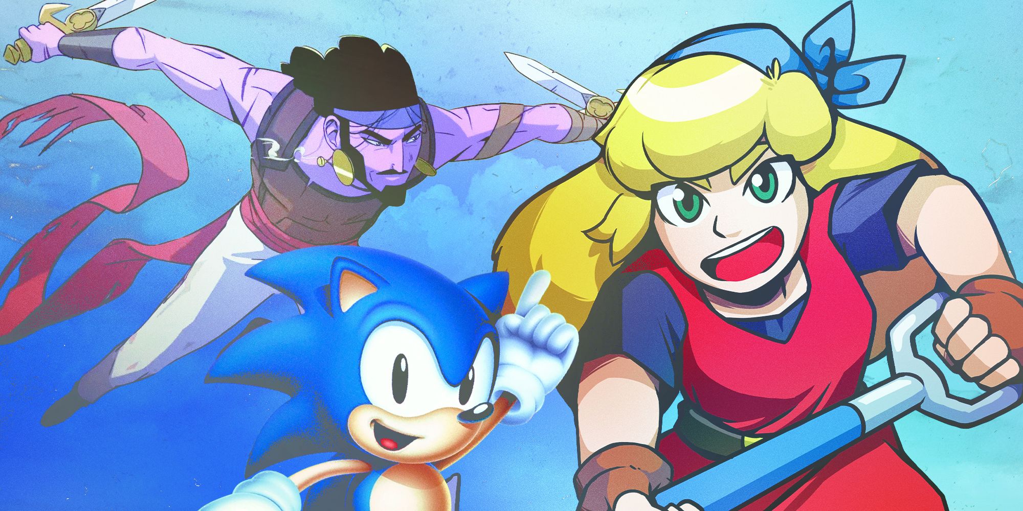 Sonic de Sonic Mania, Cadence de Cadence of Hyrule y el Príncipe de The Rogue Prince of Persia contra un fondo azul y nublado
