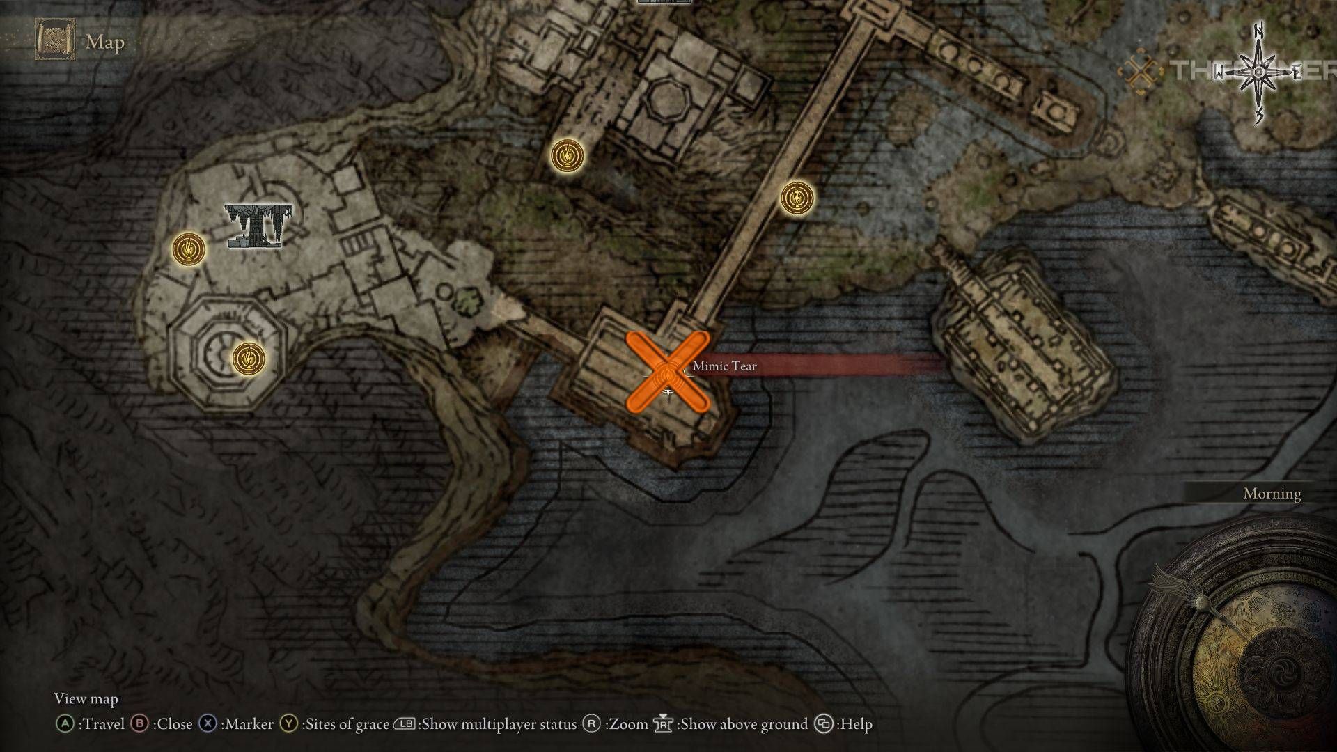 La ubicación del mapa de Mimic Tear Boss marcada con una X en Elden Ring.