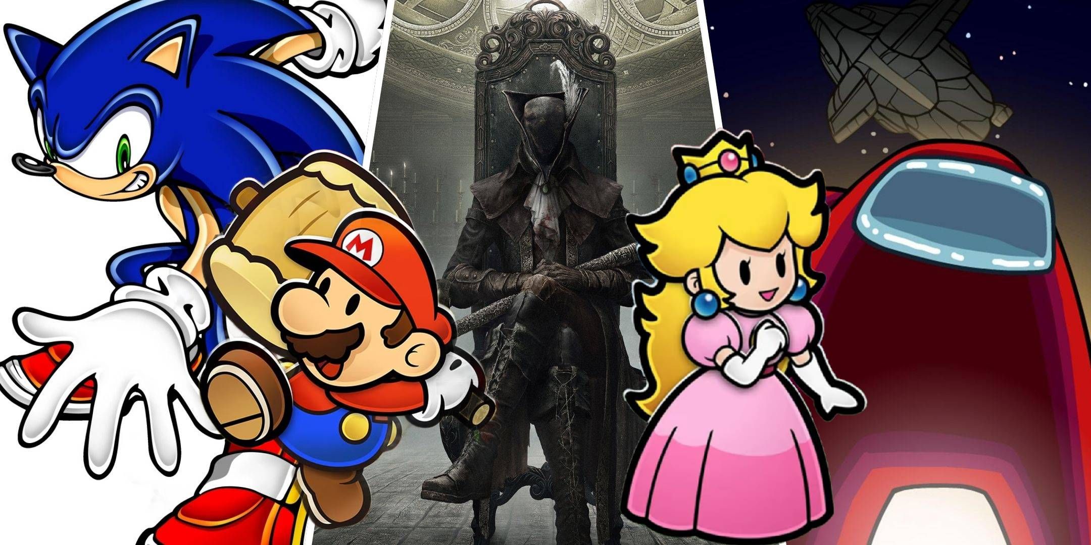 Imagen dividida de Sonic the Hedgehog the Hunter de Bloodborne y personajes de Among Us con Mario y Peach del remake de Paper Mario the Thousand Year Door